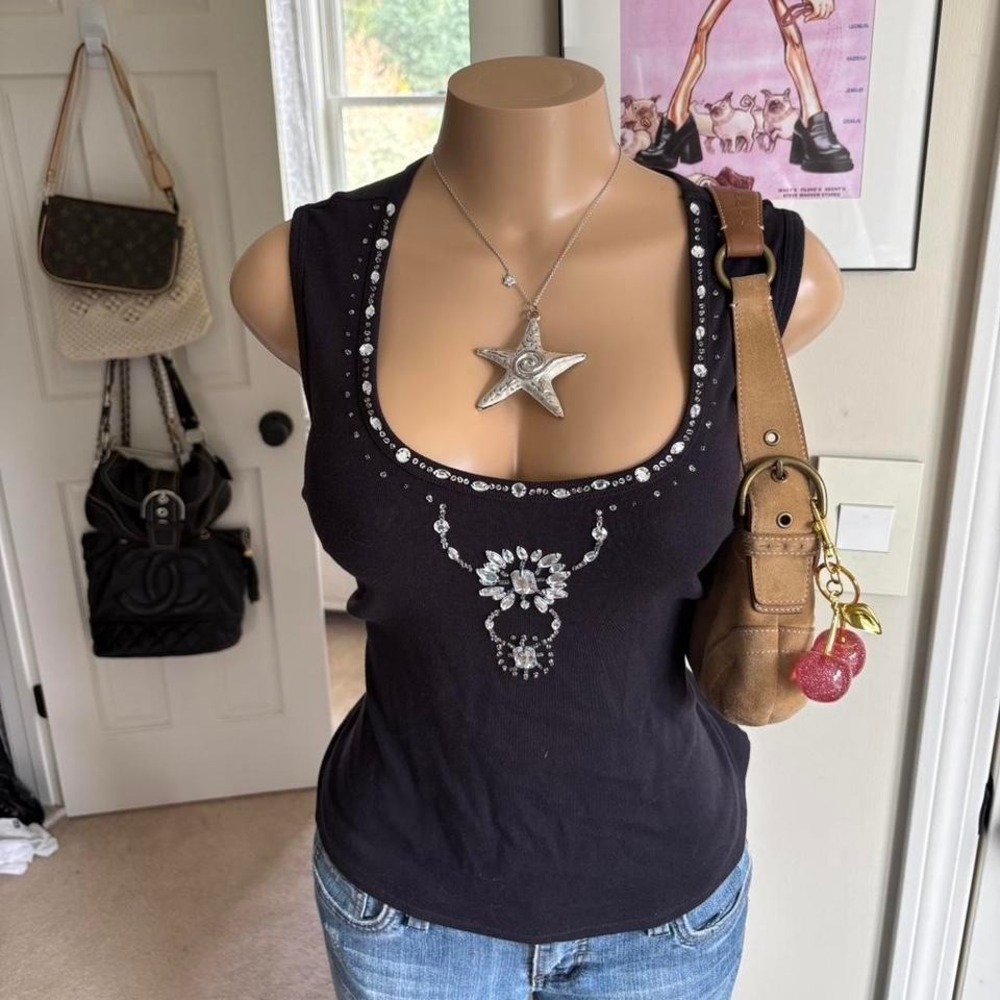 y2k 2000s mcbling whimsygoth black rhinestone floral tank top